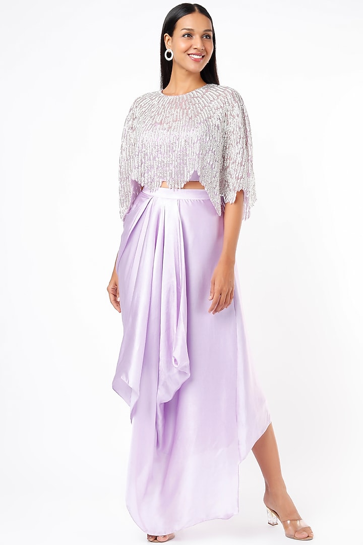 Lilac Pure Satin Draped Skirt Set With Organza Cape by COUTURE BY NIHARIKA at Pernia's Pop Up Shop