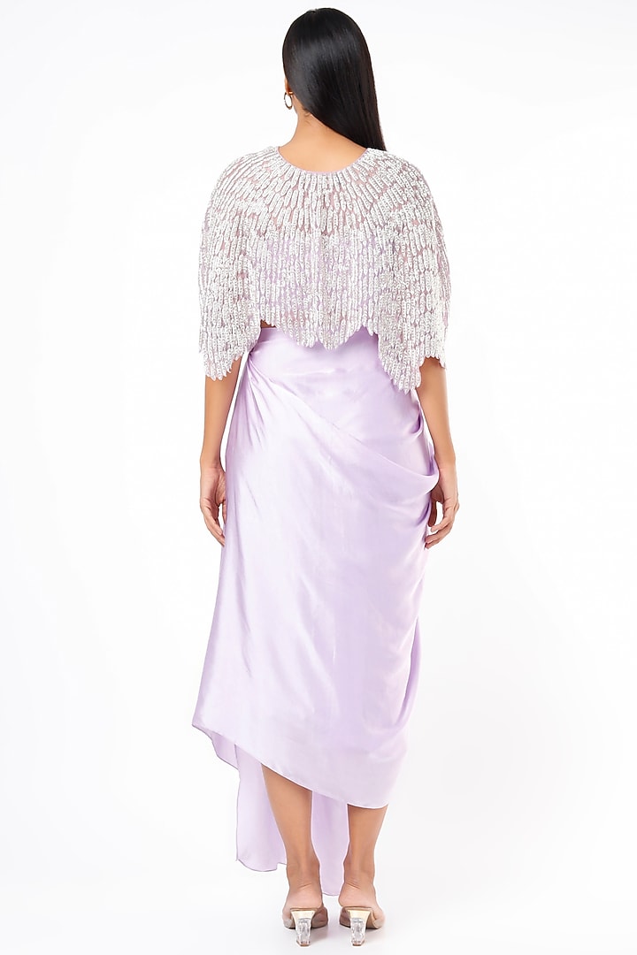 Lilac Pure Satin Draped Skirt Set With Organza Cape by COUTURE BY NIHARIKA at Pernia's Pop Up Shop