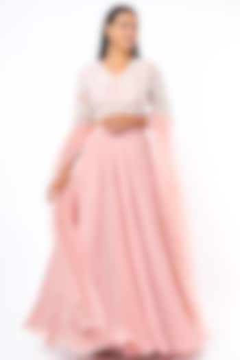 Blush Pink Flat Chiffon & Organza Flared Skirt Set by COUTURE BY NIHARIKA