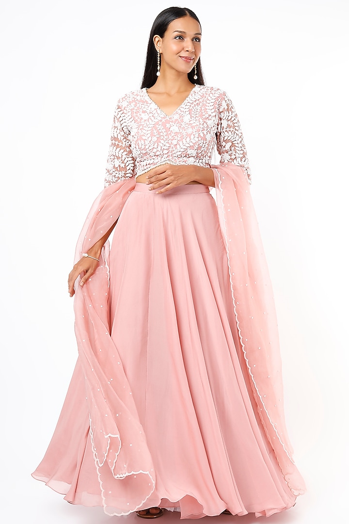 Blush Pink Flat Chiffon & Organza Flared Skirt Set by COUTURE BY NIHARIKA