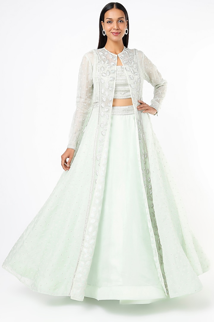 Mint Pure Organza Flared Skirt Set With Jacket by COUTURE BY NIHARIKA