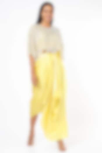 Mango Yellow Pure Satin Draped Skirt Set With Cape by COUTURE BY NIHARIKA