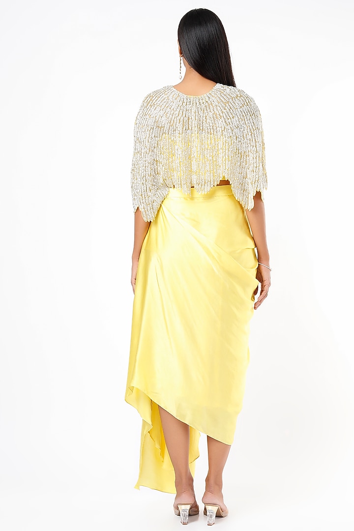 Mango Yellow Pure Satin Draped Skirt Set With Cape by COUTURE BY NIHARIKA at Pernia's Pop Up Shop