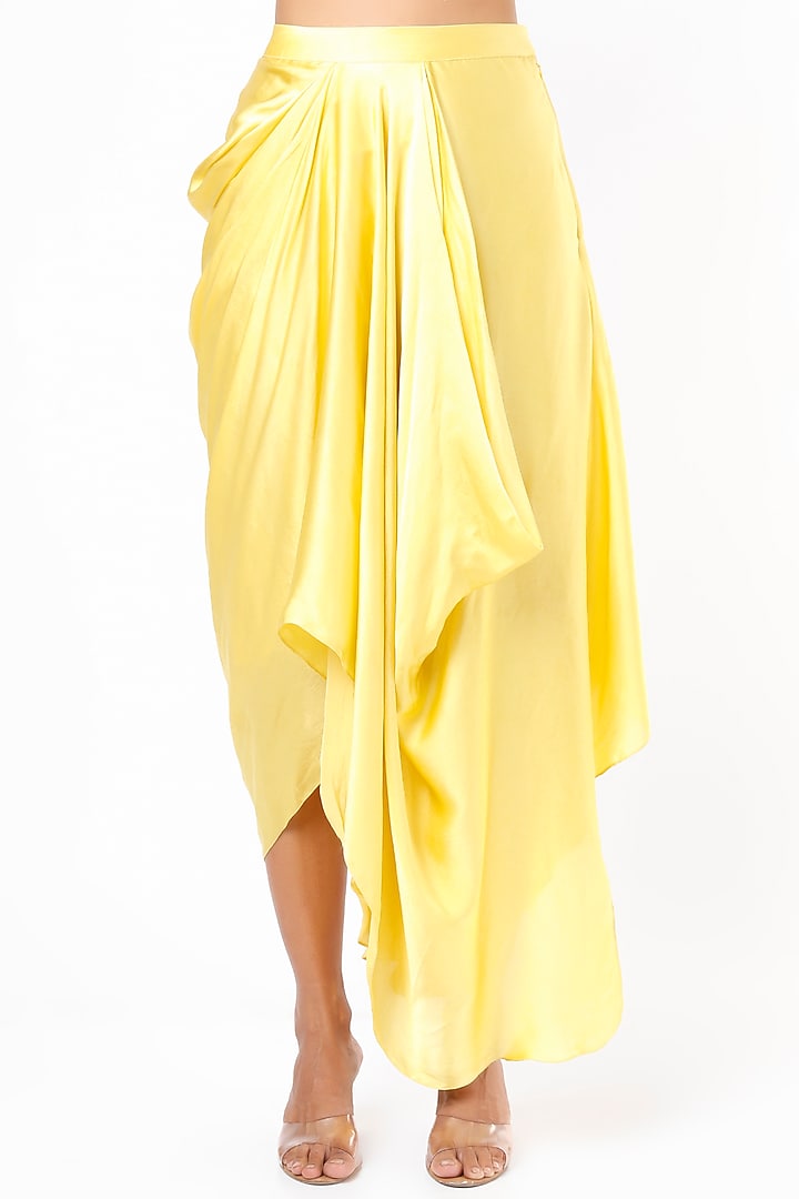 Mango Yellow Pure Satin Draped Skirt Set With Cape by COUTURE BY NIHARIKA at Pernia's Pop Up Shop