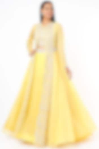 Mango Yellow Pure Organza Flared Skirt Set With Jacket by COUTURE BY NIHARIKA at Pernia's Pop Up Shop