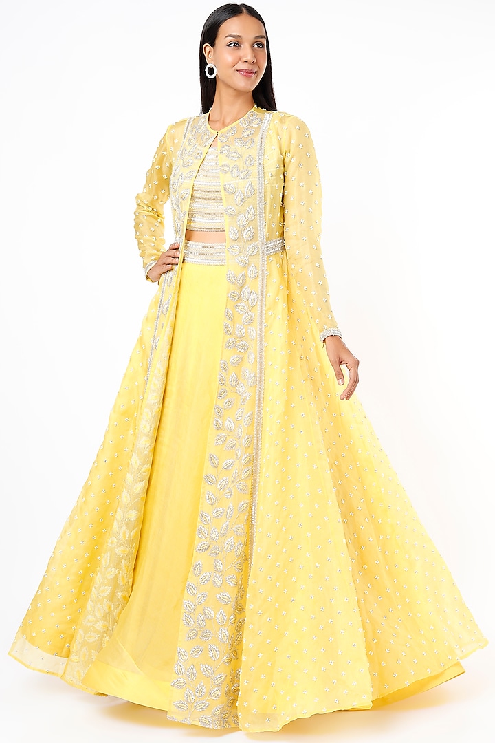 Mango Yellow Pure Organza Flared Skirt Set With Jacket by COUTURE BY NIHARIKA at Pernia's Pop Up Shop