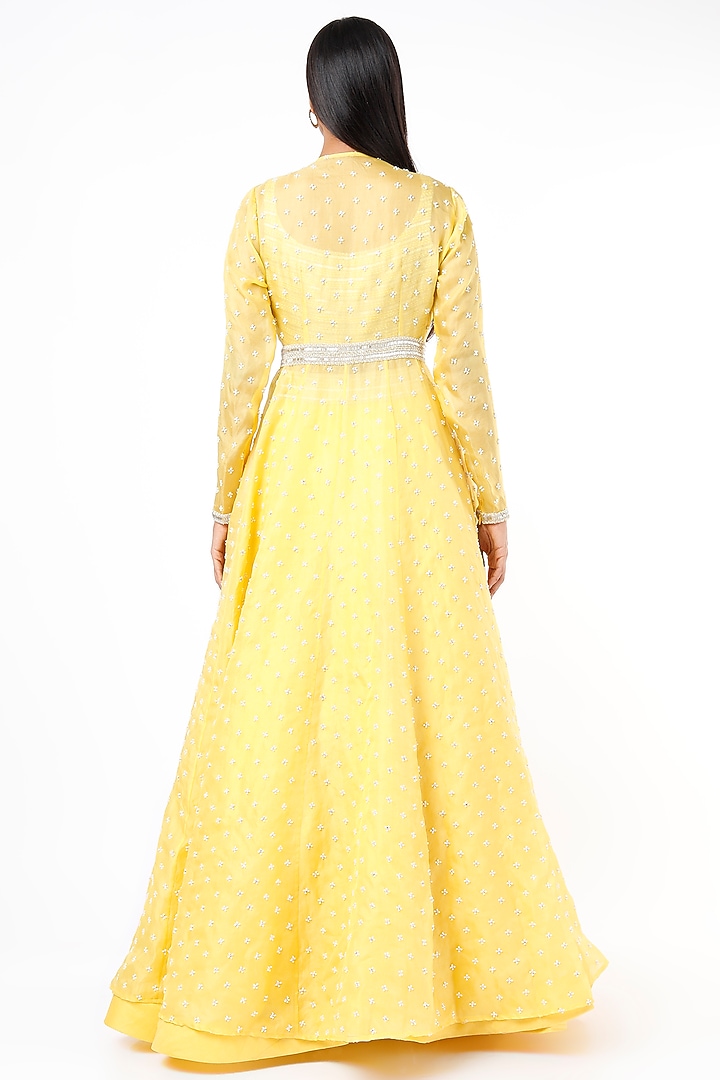 Mango Yellow Pure Organza Flared Skirt Set With Jacket by COUTURE BY NIHARIKA at Pernia's Pop Up Shop
