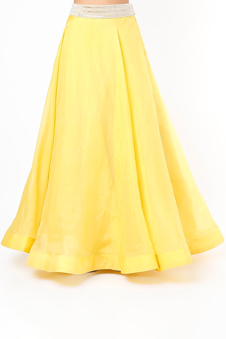 Mango Yellow Pure Organza Flared Skirt Set With Jacket by COUTURE BY NIHARIKA at Pernia's Pop Up Shop
