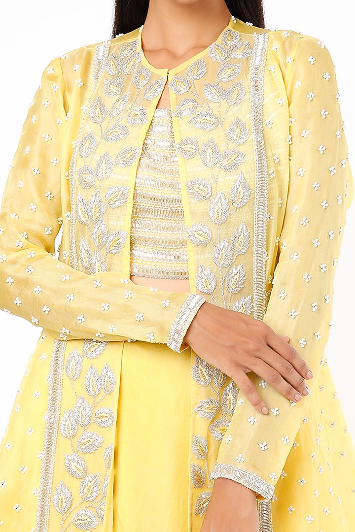 Mango Yellow Pure Organza Flared Skirt Set With Jacket by COUTURE BY NIHARIKA at Pernia's Pop Up Shop
