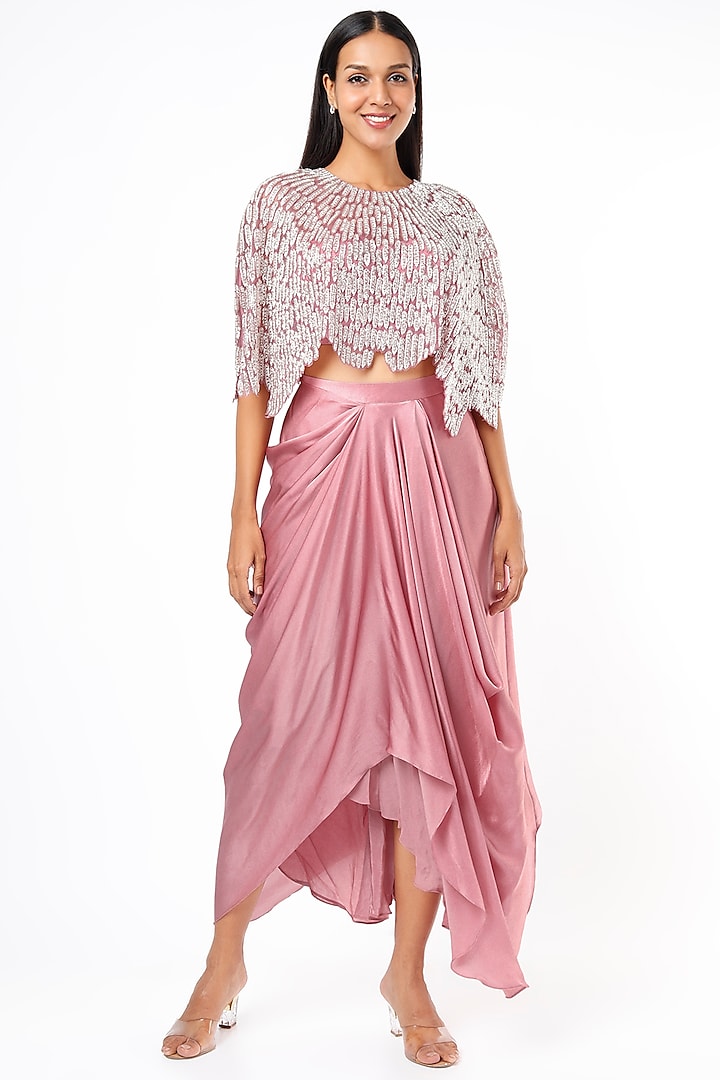 Old Rose Pure Satin Draped Skirt Set With Cape by COUTURE BY NIHARIKA at Pernia's Pop Up Shop