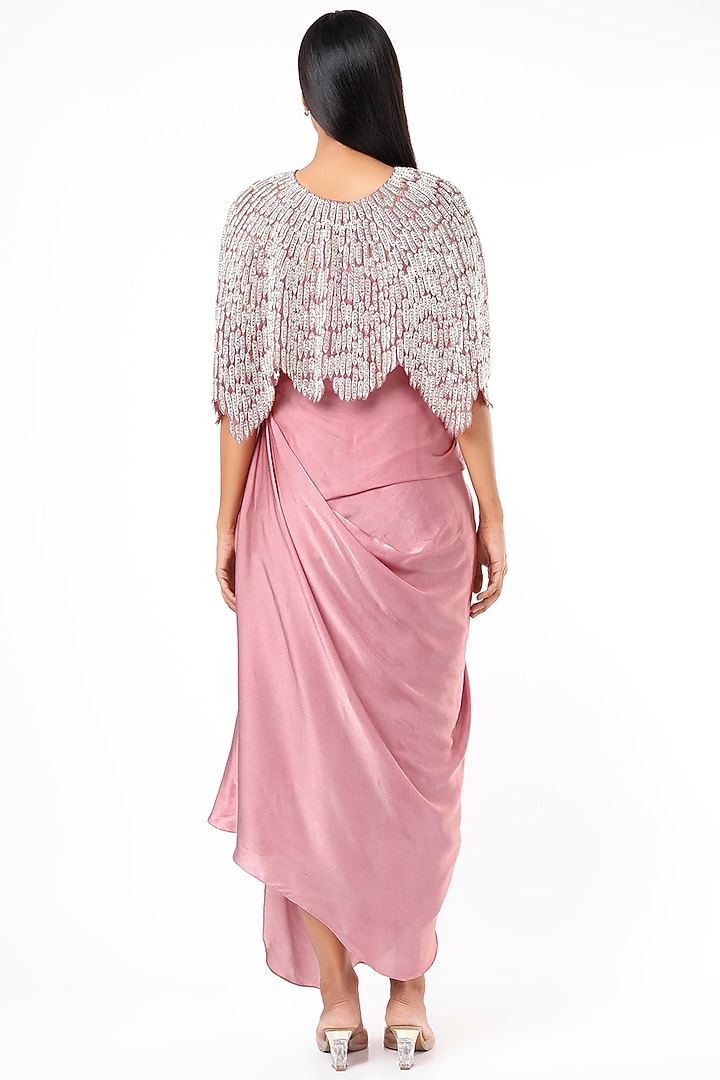Old Rose Pure Satin Draped Skirt Set With Cape by COUTURE BY NIHARIKA at Pernia's Pop Up Shop