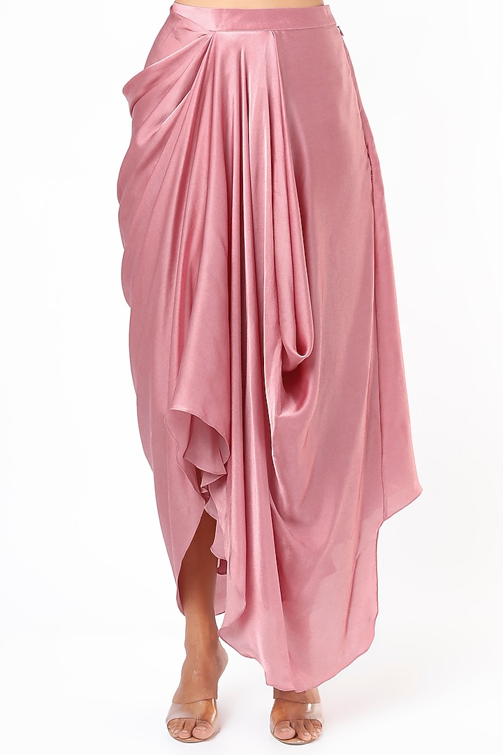 Old Rose Pure Satin Draped Skirt Set With Cape by COUTURE BY NIHARIKA at Pernia's Pop Up Shop