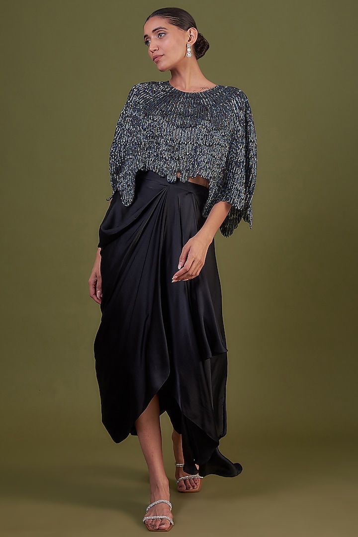 Black Organza Embroidered Cape Set by COUTURE BY NIHARIKA at Pernia's Pop Up Shop