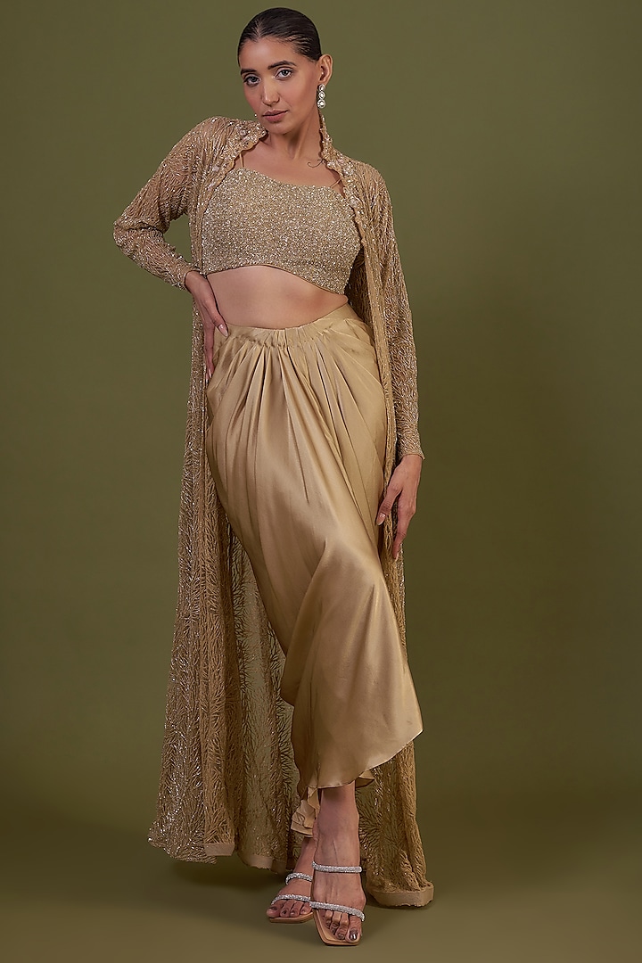 Gold Net Jacket Set by COUTURE BY NIHARIKA