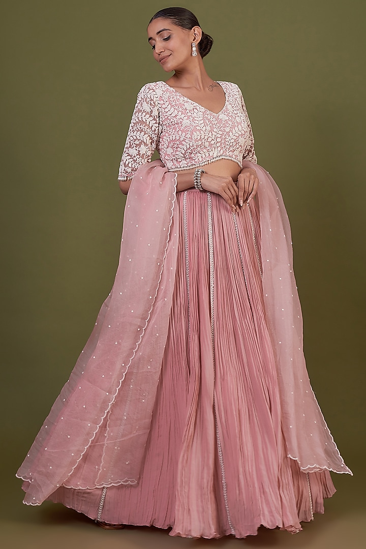 Blush Pink Chiffon Gathered Wedding Lehenga Set by COUTURE BY NIHARIKA at Pernia's Pop Up Shop