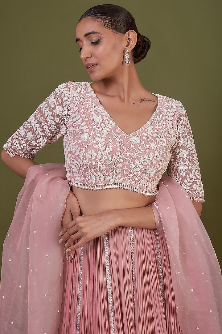 Blush Pink Chiffon Gathered Wedding Lehenga Set by COUTURE BY NIHARIKA at Pernia's Pop Up Shop