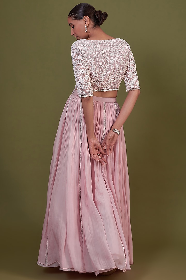 Pink Chiffon Gathered Wedding Lehenga Set by COUTURE BY NIHARIKA at Pernia's Pop Up Shop