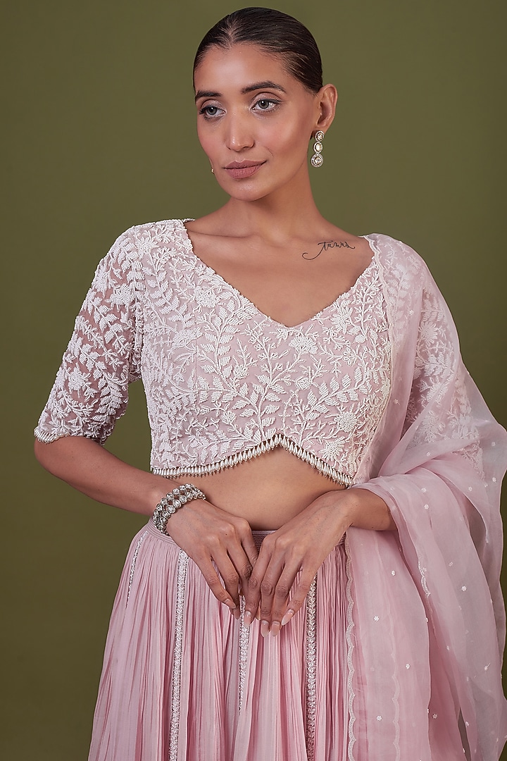 Pink Chiffon Gathered Wedding Lehenga Set by COUTURE BY NIHARIKA at Pernia's Pop Up Shop