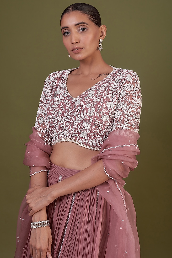 Rose Pink Chiffon Gathered Wedding Lehenga Set by COUTURE BY NIHARIKA at Pernia's Pop Up Shop