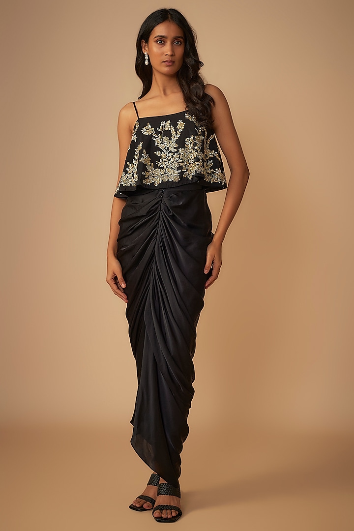 Black Pure Satin Draped Skirt Set by COUTURE BY NIHARIKA