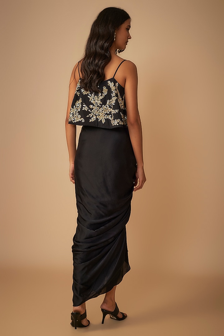 Black Pure Satin Draped Skirt Set by COUTURE BY NIHARIKA at Pernia's Pop Up Shop
