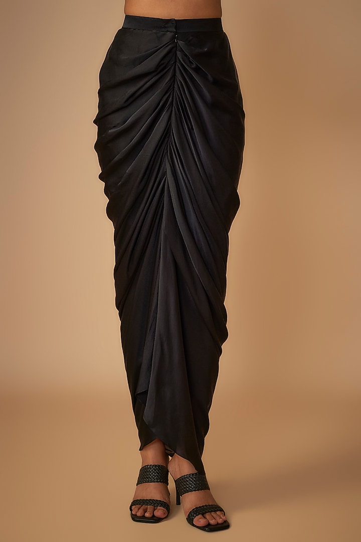 Black Pure Satin Draped Skirt Set by COUTURE BY NIHARIKA at Pernia's Pop Up Shop