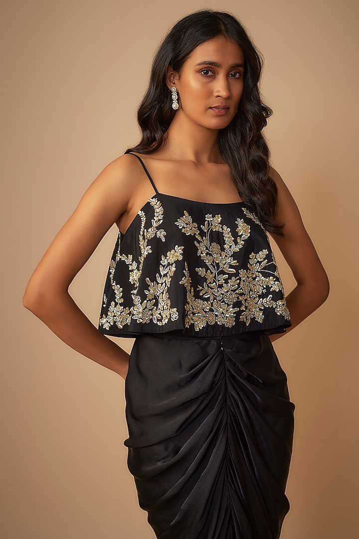 Black Pure Satin Draped Skirt Set by COUTURE BY NIHARIKA at Pernia's Pop Up Shop