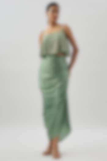 Sage Green Pure Satin & Crepe Draped Skirt Set by COUTURE BY NIHARIKA at Pernia's Pop Up Shop