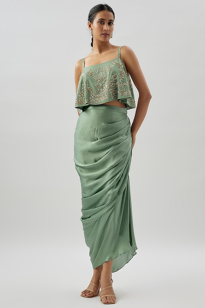 Sage Green Pure Satin & Crepe Draped Skirt Set by COUTURE BY NIHARIKA at Pernia's Pop Up Shop