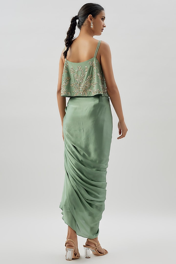 Sage Green Pure Satin & Crepe Draped Skirt Set by COUTURE BY NIHARIKA at Pernia's Pop Up Shop