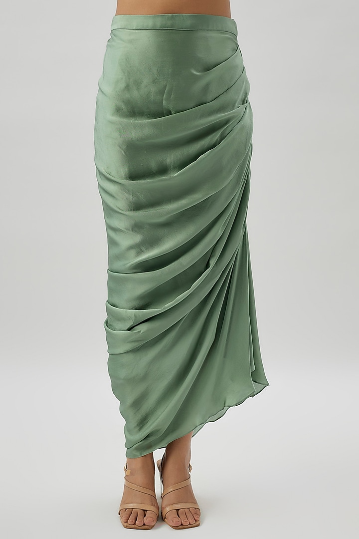Sage Green Pure Satin & Crepe Draped Skirt Set by COUTURE BY NIHARIKA at Pernia's Pop Up Shop