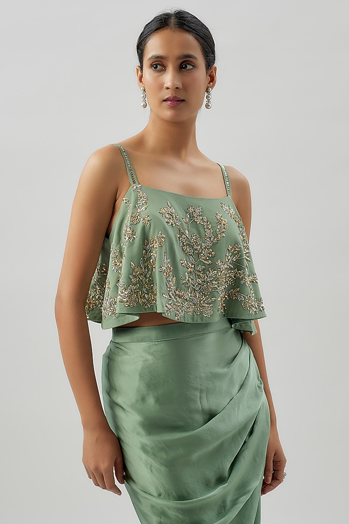 Sage Green Pure Satin & Crepe Draped Skirt Set by COUTURE BY NIHARIKA at Pernia's Pop Up Shop