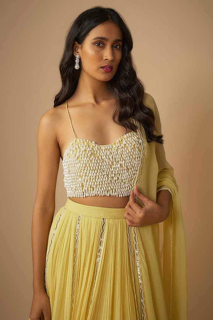 Yellow Viscose Georgette Wedding Lehenga Set by COUTURE BY NIHARIKA at Pernia's Pop Up Shop