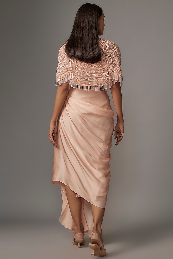 Peach Organza & Satin Sequins Embroidered Cape Set by COUTURE BY NIHARIKA at Pernia's Pop Up Shop