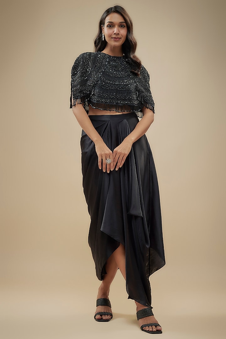 Black Organza Sequins & Cutdana Embroidered Cape Set by COUTURE BY NIHARIKA at Pernia's Pop Up Shop