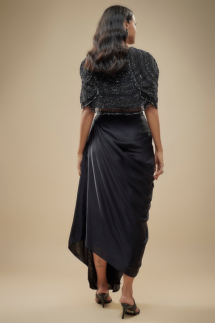 Black Organza Sequins & Cutdana Embroidered Cape Set by COUTURE BY NIHARIKA at Pernia's Pop Up Shop
