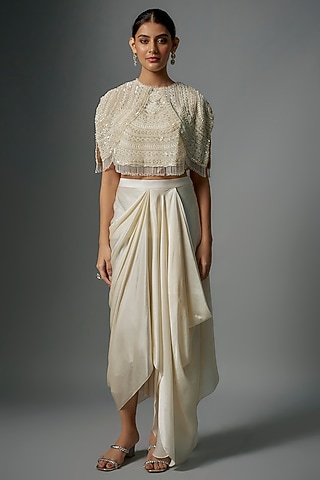 Ivory Organza & Satin Sequins Embroidered Cape Set by COUTURE BY NIHARIKA