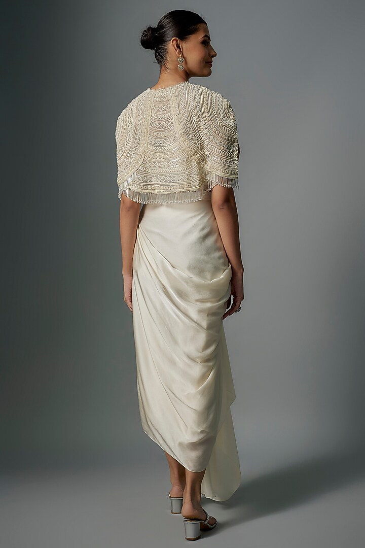 Ivory Organza & Satin Sequins Embroidered Cape Set by COUTURE BY NIHARIKA at Pernia's Pop Up Shop
