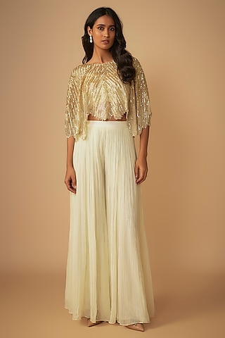 Ivory Viscose Georgette Embroidered Cape Set by COUTURE BY NIHARIKA