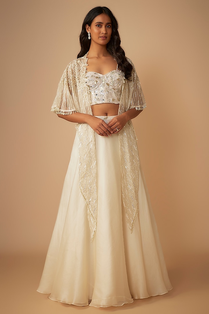 Ivory Organza Embroidered A-Line Skirt Set by COUTURE BY NIHARIKA at Pernia's Pop Up Shop