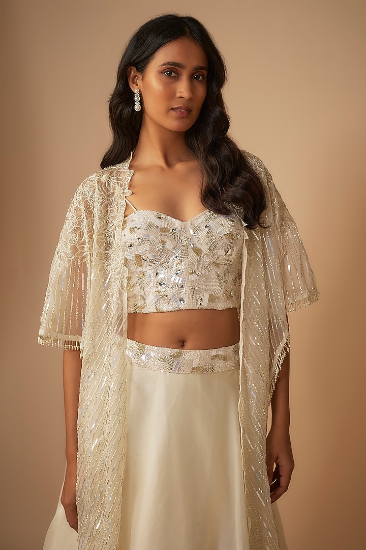 Ivory Organza Embroidered A-Line Skirt Set by COUTURE BY NIHARIKA at Pernia's Pop Up Shop