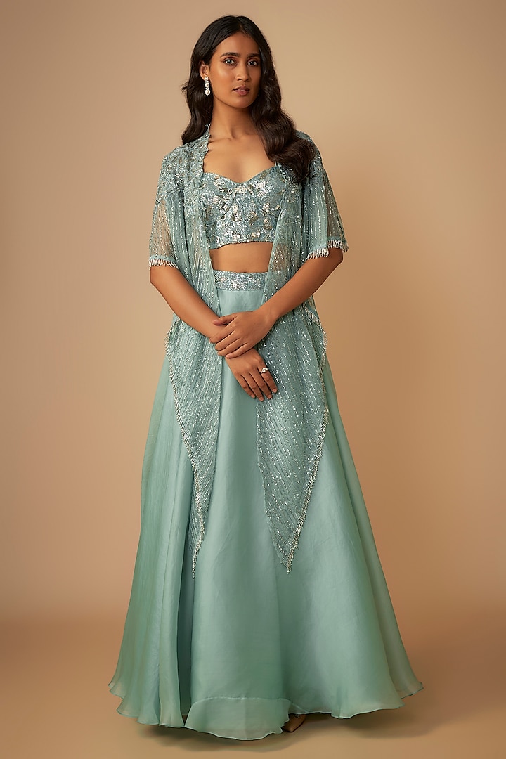 Powder Blue Organza Embroidered A-Line Skirt Set by COUTURE BY NIHARIKA at Pernia's Pop Up Shop