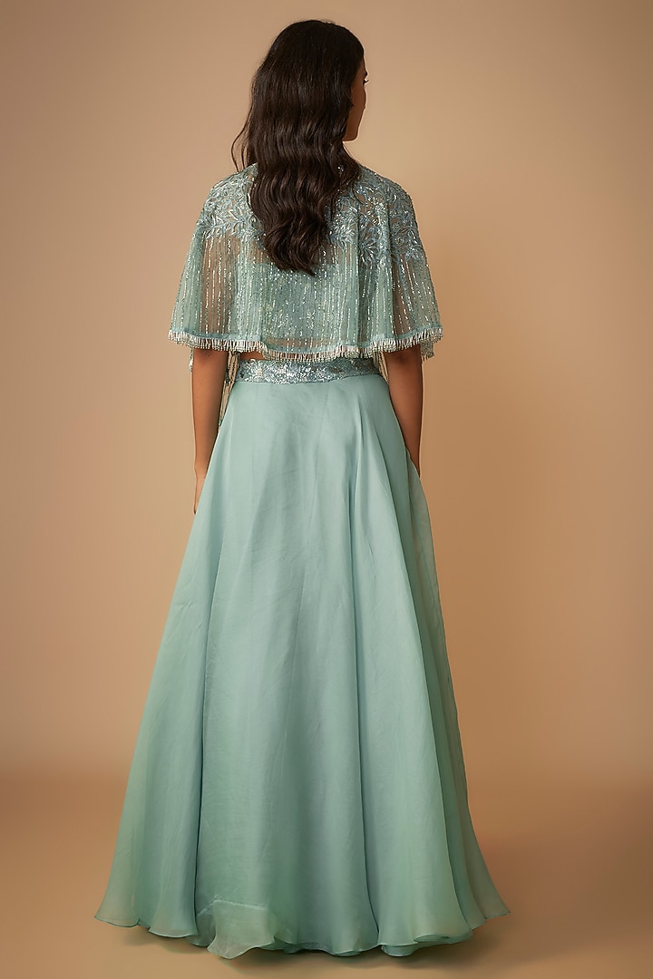 Powder Blue Organza Embroidered A-Line Skirt Set by COUTURE BY NIHARIKA at Pernia's Pop Up Shop