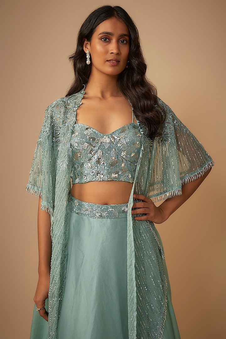 Powder Blue Organza Embroidered A-Line Skirt Set by COUTURE BY NIHARIKA at Pernia's Pop Up Shop
