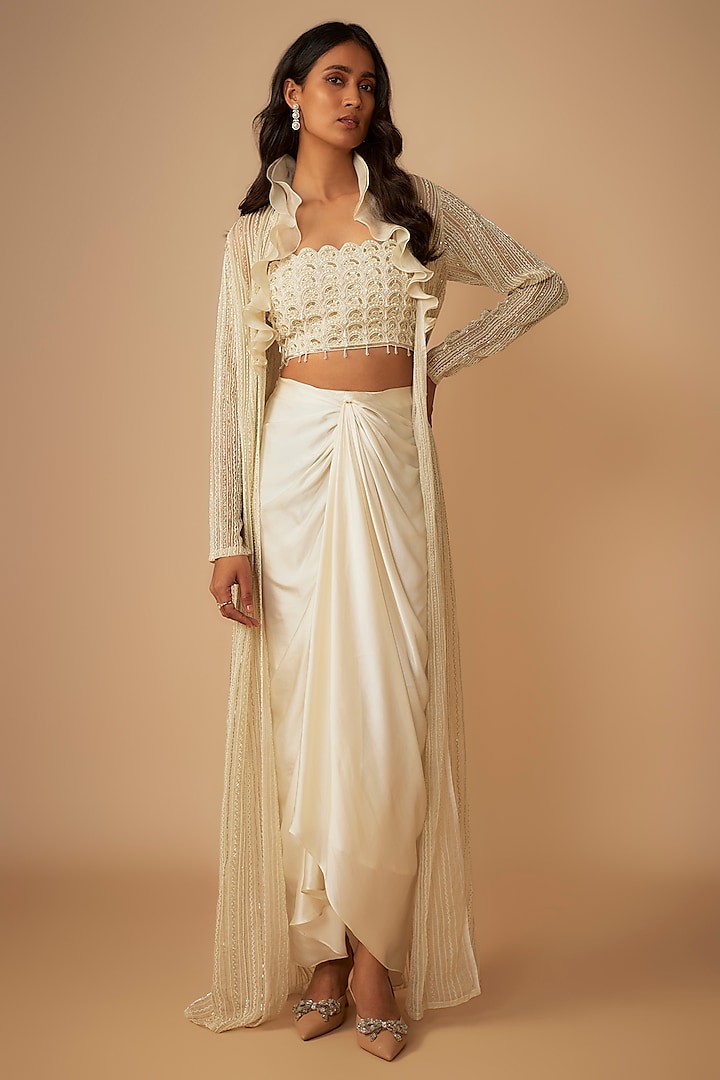 Ivory Pure Satin Draped Skirt Set by COUTURE BY NIHARIKA