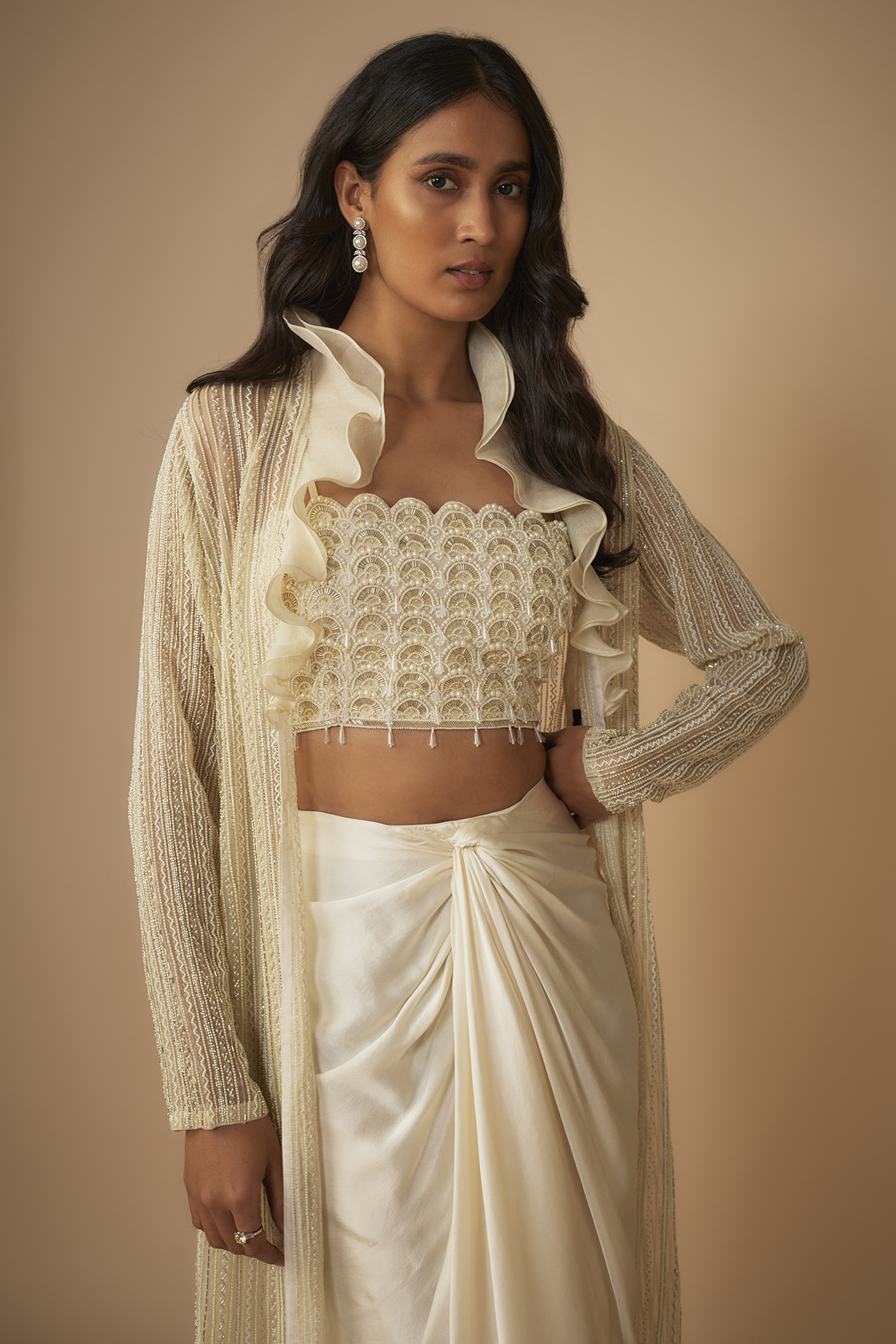 Ivory Pure Satin Draped Skirt Set by COUTURE BY NIHARIKA at