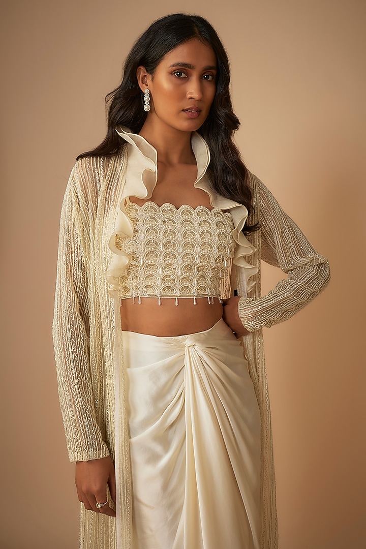 Ivory Pure Satin Draped Skirt Set by COUTURE BY NIHARIKA at Pernia's Pop Up Shop