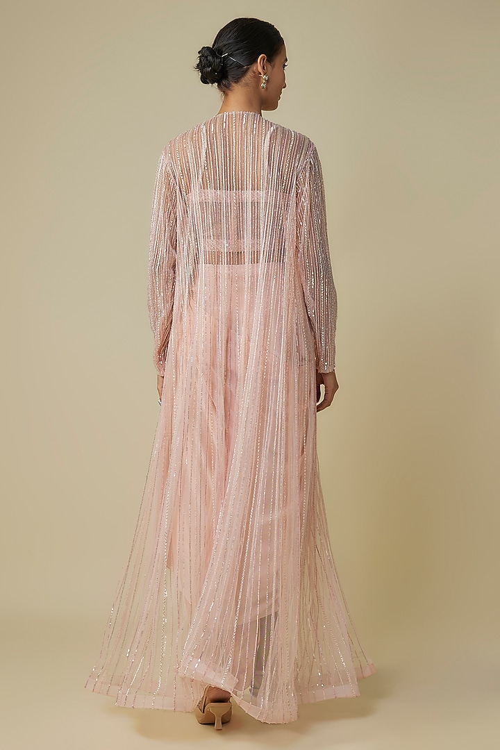 Pink Net & Pure Satin Cutdana Embroidered Jacket Set by COUTURE BY NIHARIKA at Pernia's Pop Up Shop