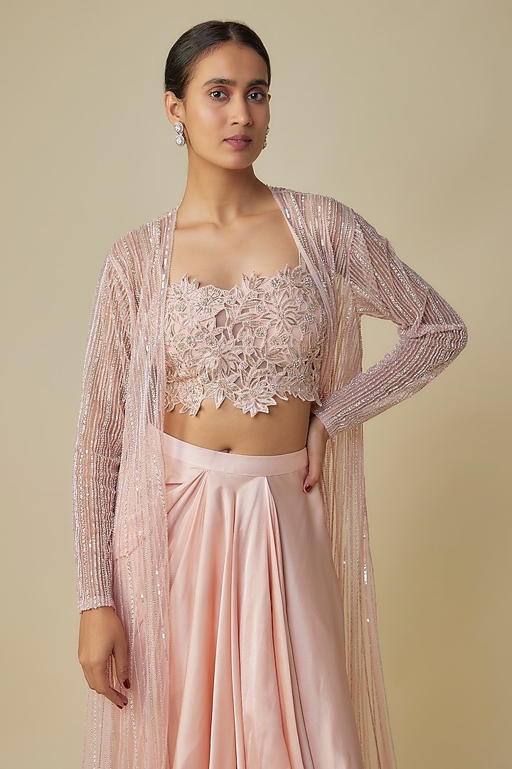 Pink Net & Pure Satin Cutdana Embroidered Jacket Set by COUTURE BY NIHARIKA at Pernia's Pop Up Shop