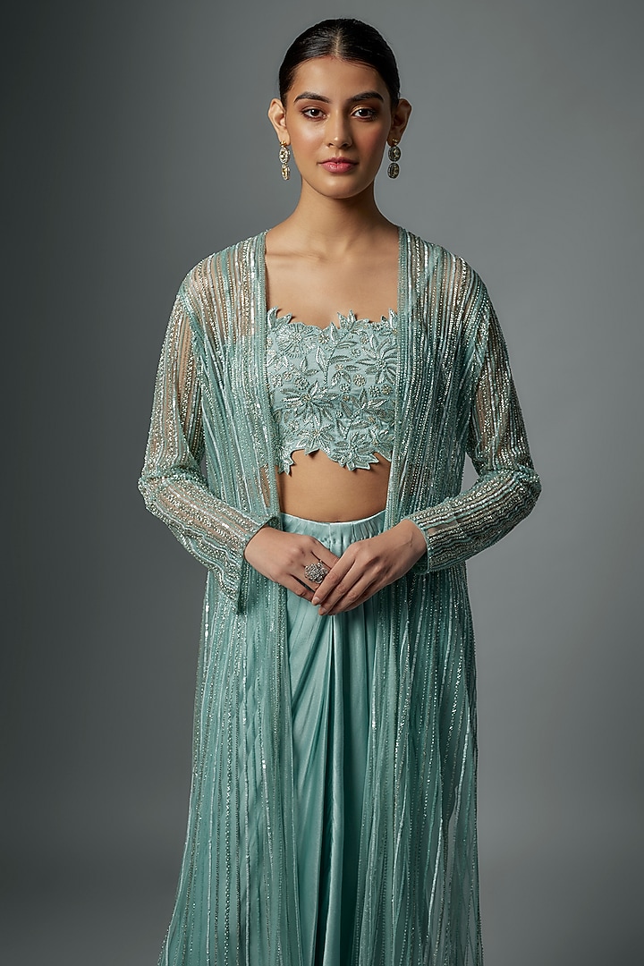 Powder Blue Organza Embroidered Jacket Set by COUTURE BY NIHARIKA at Pernia's Pop Up Shop